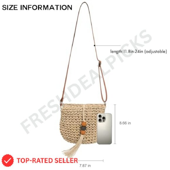 Handwoven Straw Crossbody Bag Boho Chic Summer Beach Purse with Tassels - Picture 6 of 8